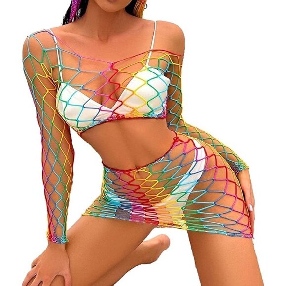 𝅺🌈 Rainbow Fishnet Stockings Mesh Lingerie Bodysuit BDSM Bondage Cosplay NWT - Picture 1 of 5